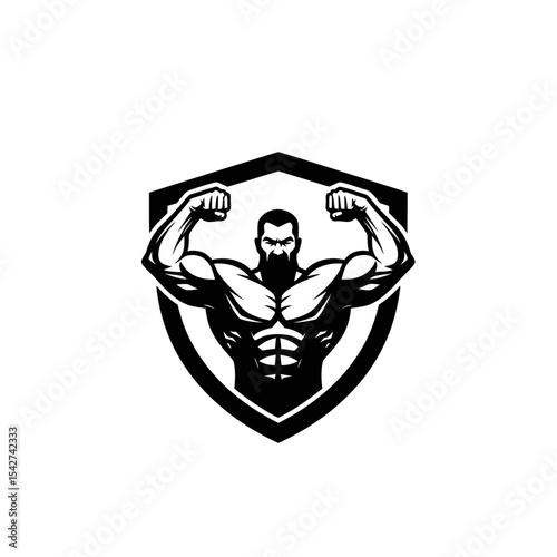 Bodybuilder flexing muscles inside a shield isolated on white background