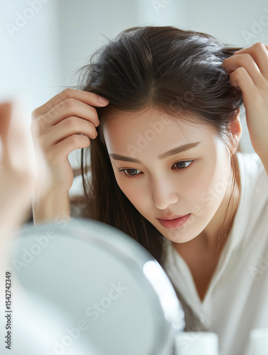 탈모를 걱정하며 머리카락을 확인하는 여성
