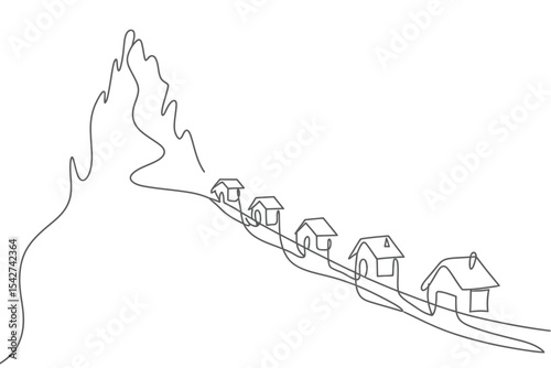 One Line Drawing Houses on Hillside Mountain