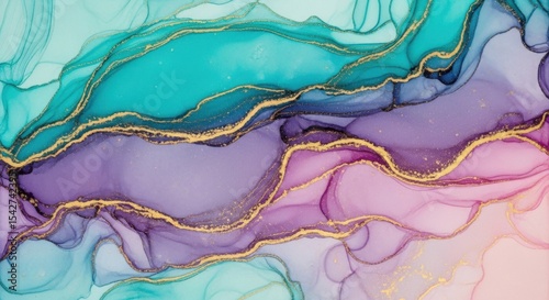Turquoise Purple and Gold Waves Abstract Art Background Design