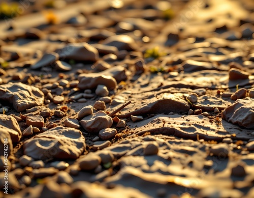 close up high angle shot of parched earth under golden hour, on the right side, clear copy space on the left, rendered in sunny realism style.