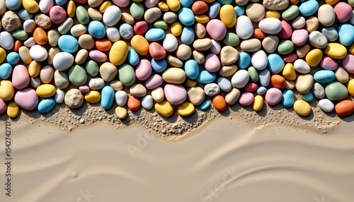 vibrant lime toned textured landscape of smooth, multicolored pebbles on sandy base, at top with clear copy space at the bottom.