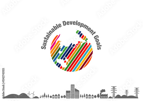 SDGsをイメージした17色の地球のロゴと街並みの背景素材