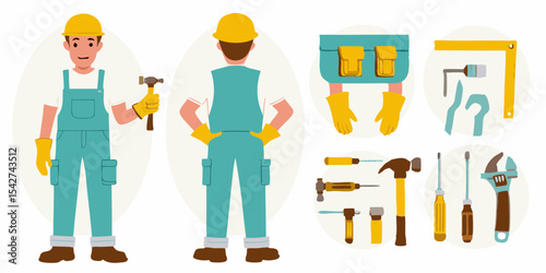 Handyman with tools vector illustration front and back view construction worker repairman repair service home renovation building maintenance construction DIY flat