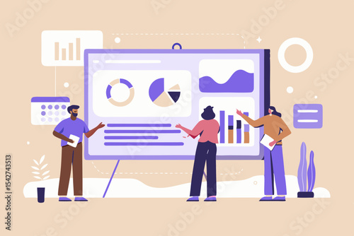 Team Analyzing Business Data on Presentation Board with Charts Graphs Calendar and Statistics for Strategic Planning and Decision Making Process