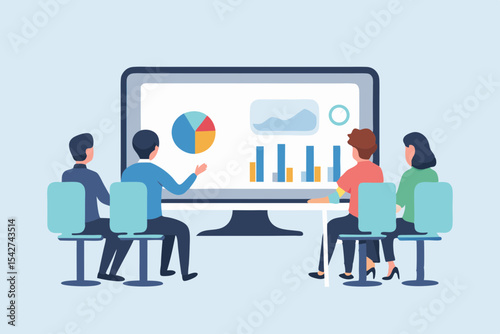 Business Meeting with Data Presentation on a Large Screen Teamwork and Collaboration for Success Flat Vector Illustration Design