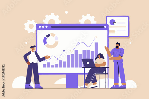 Team Analyzing Financial Data and Business Growth on a Large Screen with Charts and Graphs Flat Vector Illustration