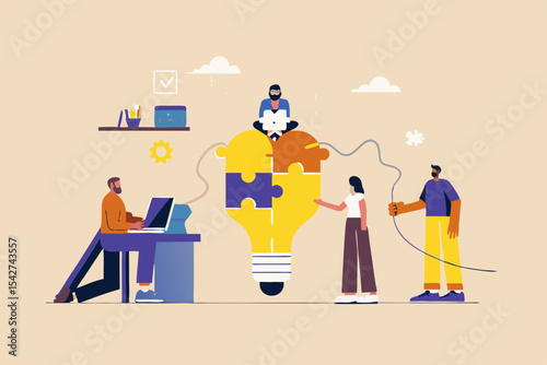 Teamwork and Collaboration Concept with People Working Together to Create a Big Idea Light Bulb Puzzle Solution