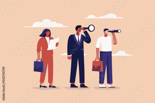 Business Team Searching for Opportunities and Future Success with Telescopes and Documents Strategic Vision and Planning for Growth and Development