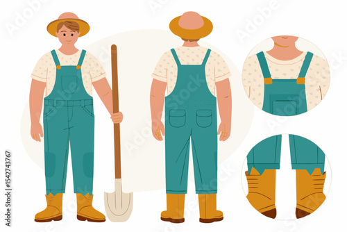 Illustration of a farmer in overalls holding a shovel front and back view with detail circles on a white background