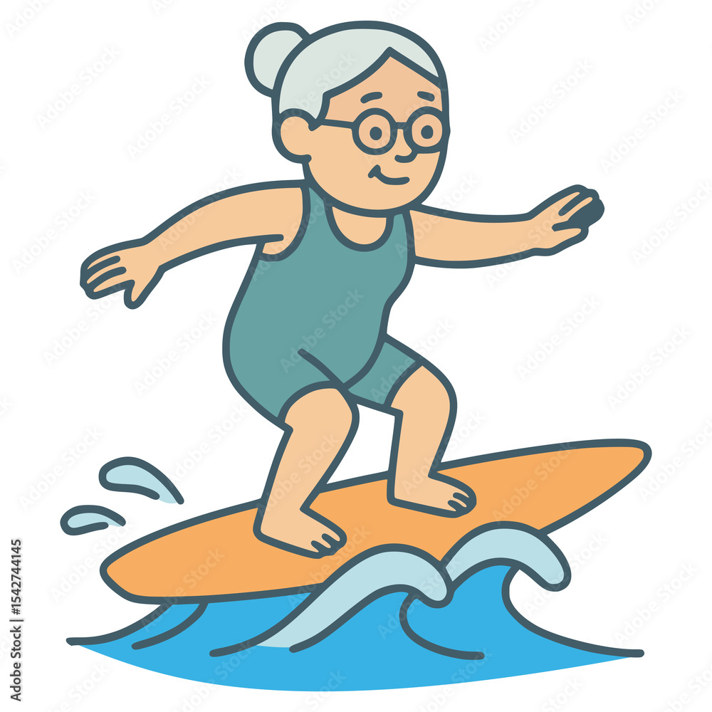 Naklejka premium elderly woman surfing sport flat color vector illustration template design