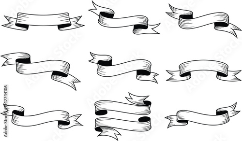 Collection of decorative engraved ribbons in black and white for design elements and decorations