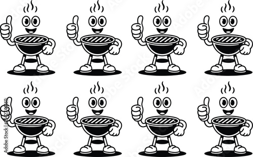 Cheerful cartoon character barbecue grills giving thumbs up in a repeating pattern