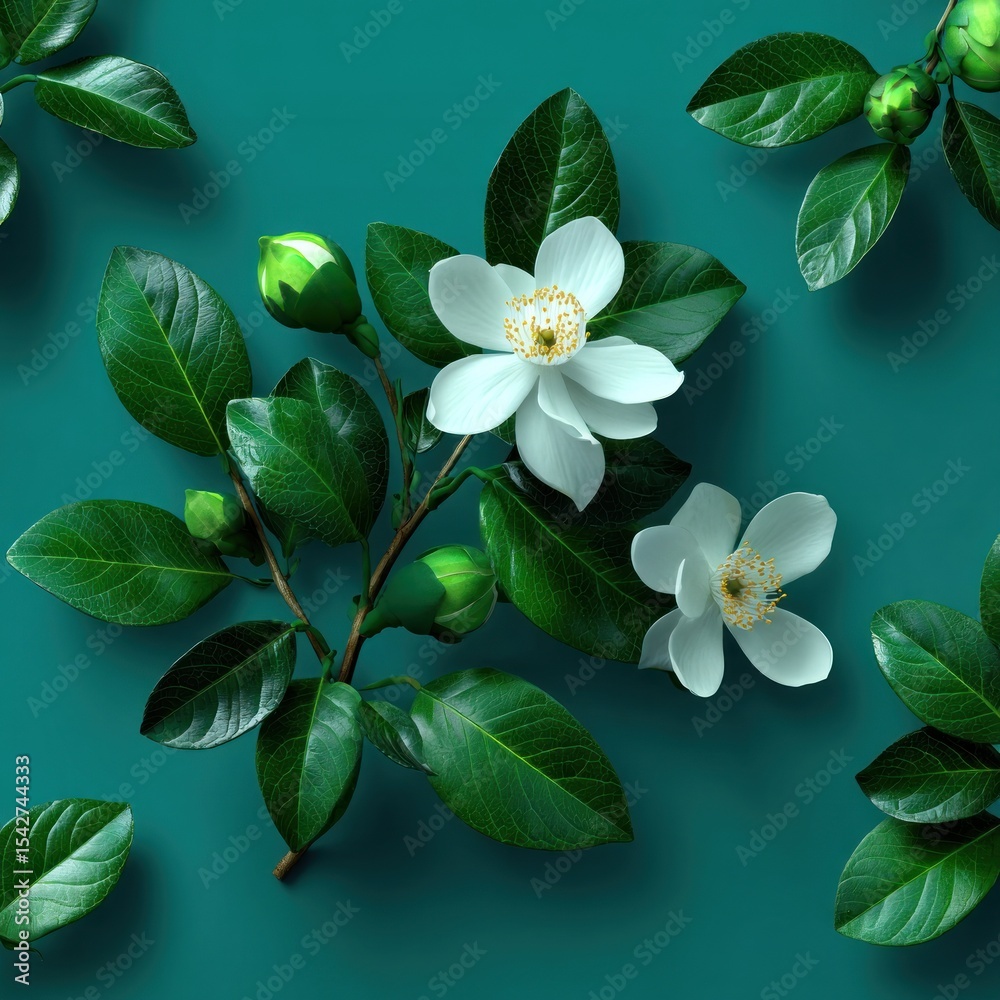 Fototapeta premium Floral pattern of white flowers and green leaves