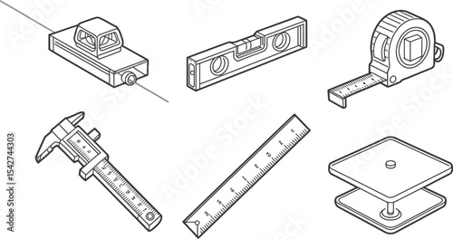 Isometric vector illustration of construction tools for measurements and leveling purposes