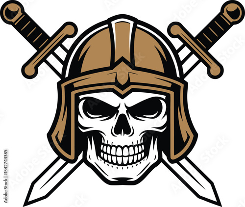 Fierce skull warrior in helmet with crossed swords representing courage and strength