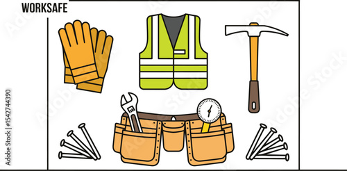 Vector illustration depicting construction tools safety equipment and worksite safety symbols