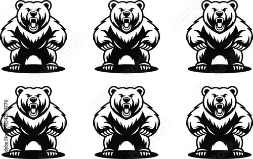 Aggressive grizzly bear mascot illustration in black and white for sports team design