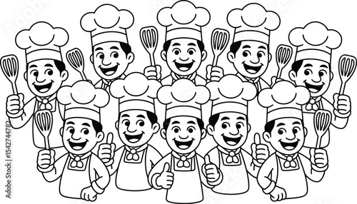 Group of cheerful chefs with spatulas ready to cook in a black and white illustration