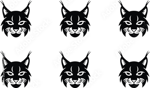 Vector illustration of six identical silhouette bobcat heads in a symmetrical arrangement