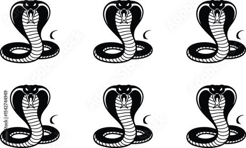 Six black cobra snake designs with crescent moons against a clean white background