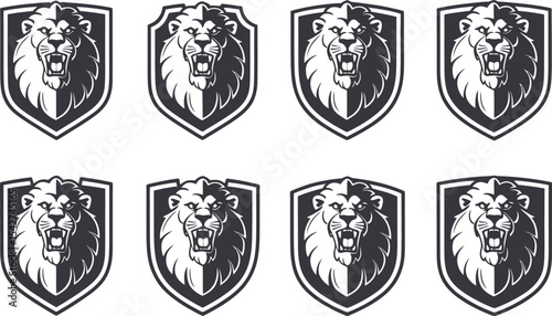 Collection of roaring lion head crests in a shield shape for sports team logos and badges