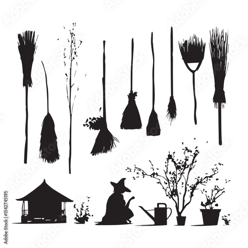 broom silhouette set, Black & White silhouette set