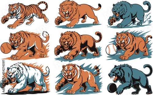 Collection of cartoon illustrations featuring tigers and lions in various aggressive running poses