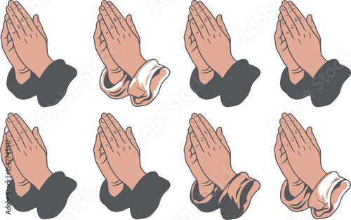 Collection of praying hands vector illustrations representing faith spirituality and devotion in different styles