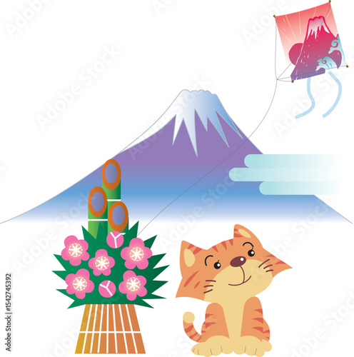 踊る猿の凧と猫と富士山
