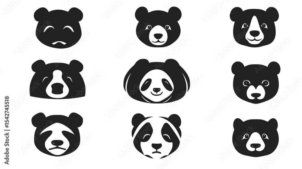 Fototapeta premium Black Panda Face Icon Set – Vector Silhouette Collection