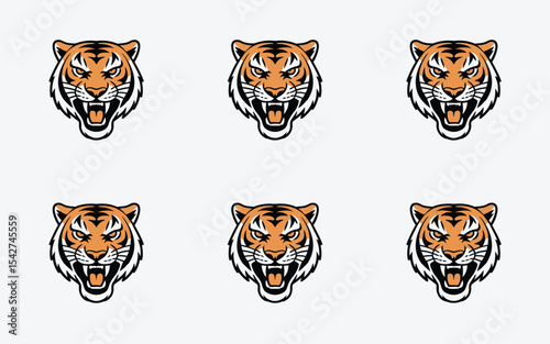 Six stylized tiger head graphics with angry expression and strong symbolism on a white background