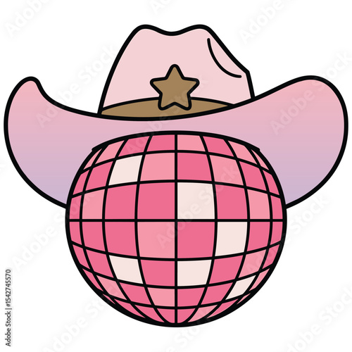 Pink Disco ball Cowgirl hat illustration, trendy groovy vibes disco era.
