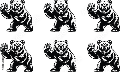 Powerful bear vector illustration collection depicting strength and aggression in black and white