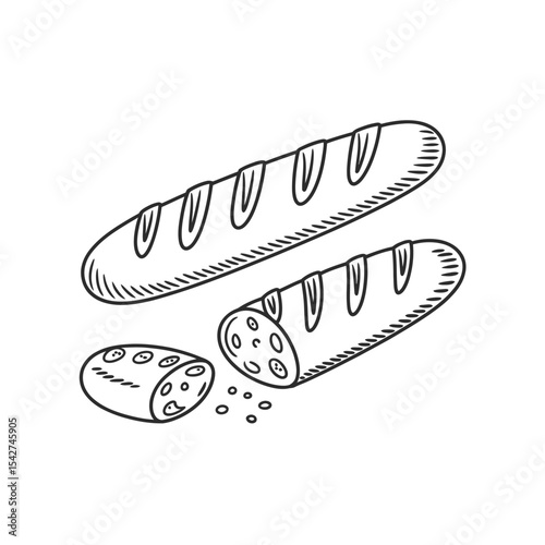 Hand Drawn Sketch of Baguettes and Sliced Sausage