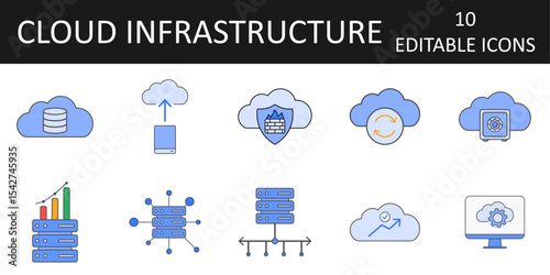 Cloud Infrastructure Icons including cloud storage vault, server cluster, sync, load balancer, auto-scaling, firewall, virtual machine, cloud database, uptime monitor, and cloud migration.