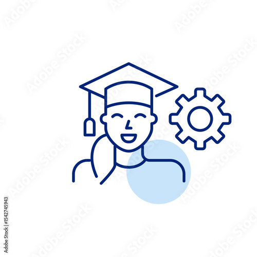 Woman in graduation hat. Education settings, academic management, graduation process control, student profile configuration, learning system optimization. Pixel perfect, editable stroke vector icon