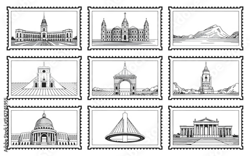 Collection of black and white architectural landmark postage stamps illustrating historical buildings