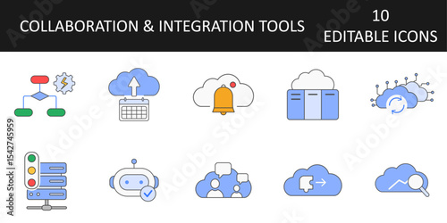 Collaboration & Integration Tools Icons including project board, collaboration hub, automated workflow, app integration, status page, data sync, cloud notifications, task bot, backup scheduler.