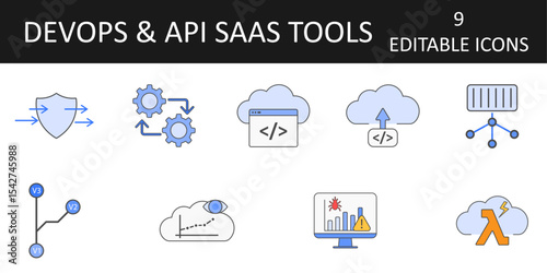 DevOps & API SaaS Tools Icons including API gateway, CI/CD pipeline, code deployment, container orchestration, serverless function, cloud IDE, version control, error logging, and DevOps monitoring.