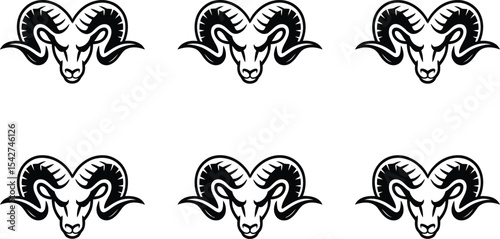 A stylish collection of black and white ram head illustrations in minimalist design