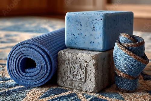 Blue yoga blocks, a blue rolled-up towel, and dark grey textured stone bricks on top of the carpet in the front view.