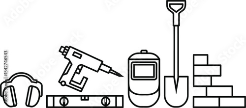 Construction tools outline featuring safety gear and building materials monochrome vector illustration