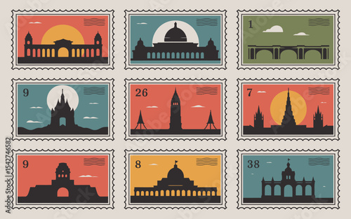 Colorful vintage postage stamp collection featuring iconic architectural silhouettes with sunset backgrounds