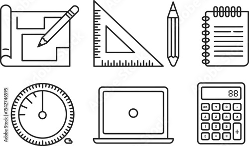 Collection of line art icons representing architectural, engineering, and office supplies and tools