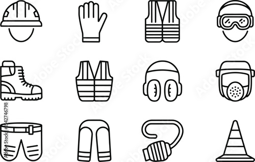 Set of vector icons depicting construction safety equipment and protective gear essentials