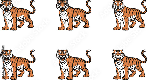 Six stylized tiger illustrations on white background depicting aggression and strength in nature