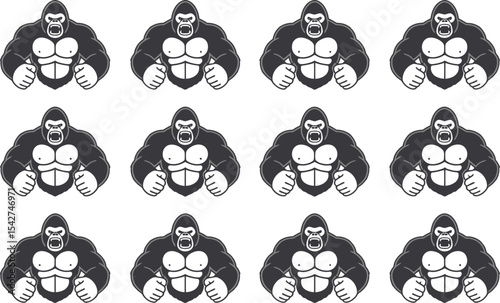 Stylized illustration of multiple powerful gorillas in a monochrome flat design for print or digital use.