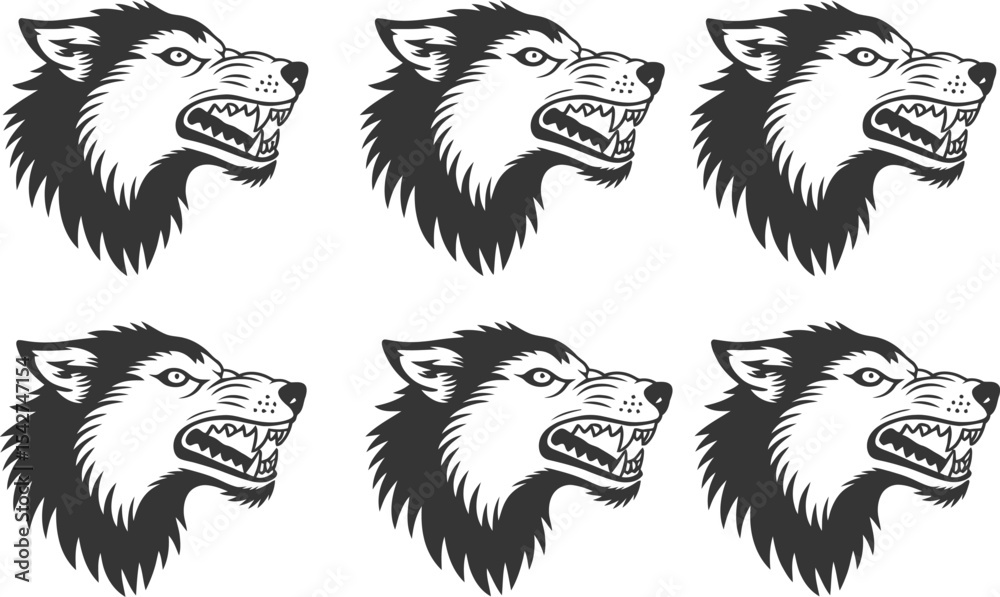 Obraz premium Vector illustration of a growling wolf head in black and white design multiple instances