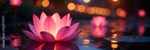 Glowing pink lotus flower floating on dark water with soft reflections and blurred warm bokeh lights in the background, symbolizing peace and beauty